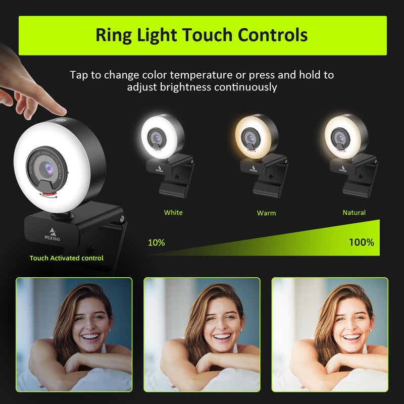NexiGo N960E 1080P 60FPS Webcam with Light, Software Included, Fast AutoFocus, Built-in Privacy Cover, USB Web Camera, Dual Stereo Microphone, for Zoom Meeting Skype Teams Twitch