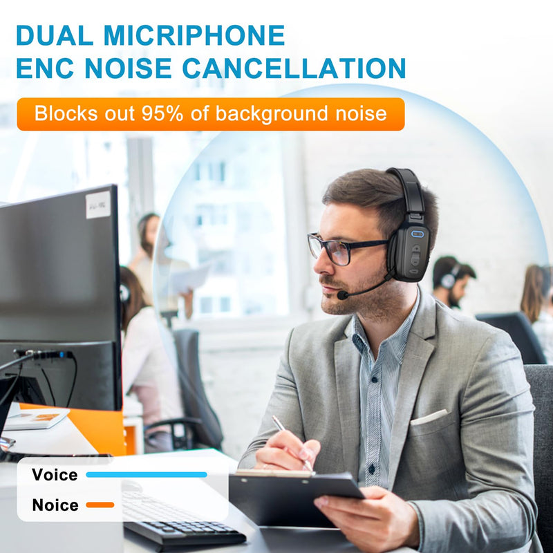 LEAYU Bluetooth Headset, 60hrs Noise Canceling V5.2 Over Head Headphones, Single Ear Trucker Wireless Headset with Mic, Mute Button, Multipoint, for Phones PC Computer Truck Driver Office Work - Black Carbon