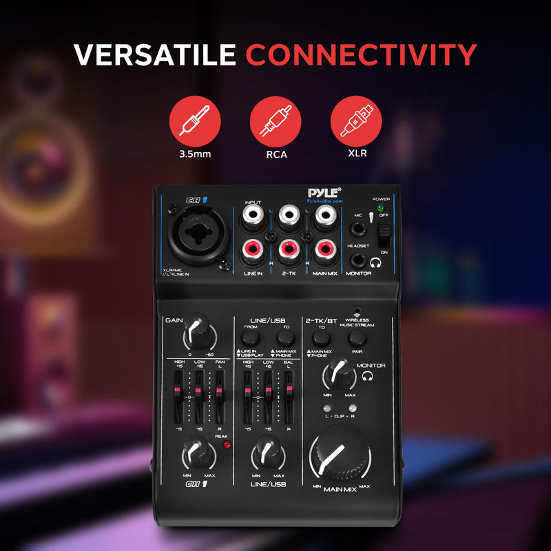 Pyle 3-Channel Bluetooth Audio Mixer – DJ Sound Controller & USB Soundcard Interface for PC Recording, XLR & 3.5mm Mic Input, RCA In/Out, 18V Power – Professional & Beginner DJ Mixer