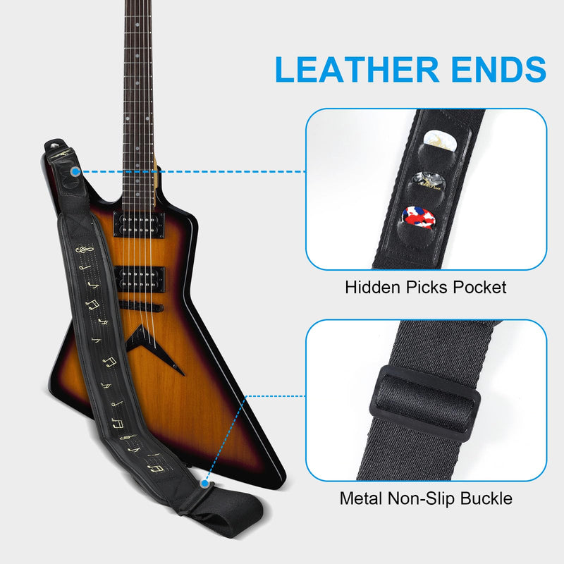 BigDeer pure black bass guitar strap for heavy bass and guitar, 3.35 "wide 3D sponge filled and neoprene material A-gold Embroidery A- 50" to 60"
