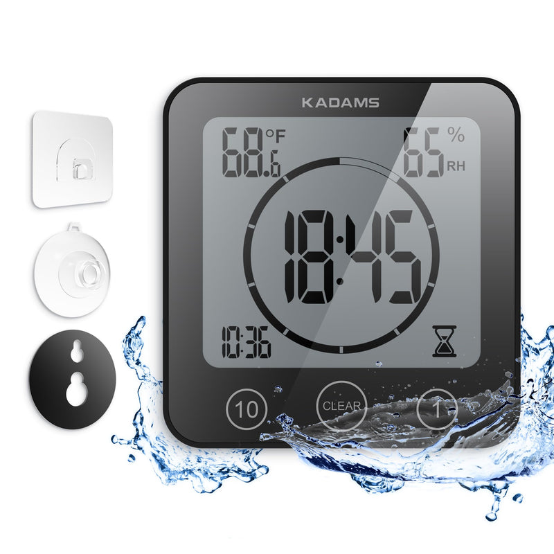 [AUSTRALIA] - KADAMS Shower Clock Waterproof Bathroom Timer – Digital Wall Clock with Countdown, Magnetic Kitchen Clock with Temperature & Humidity, Suction Cup for Kids Shower Spa Cook Bath (Black) Black 