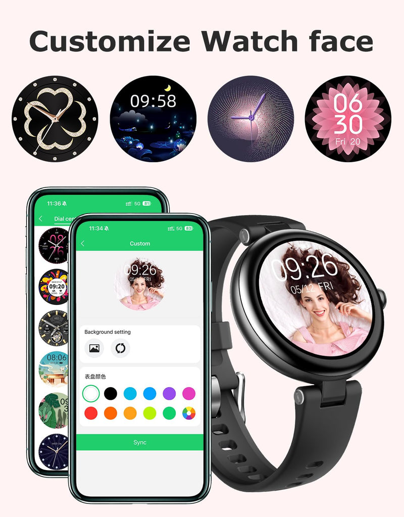 Smart Watches for Women, Round Bluetooth Call Smartwatch for iPhone Android Phones, Waterproof Fitness Tracker Watch with Heart Rate Monitor Sleep Tracker 100+Sports, Stylish Gifts for Women Black