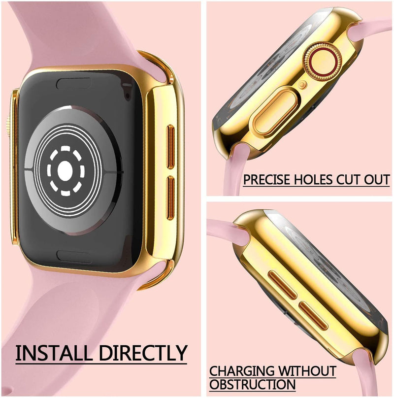 HANKN 2 Pack 45mm Tempered Glass Case Compatible with Apple Watch Series 9 8 7 45mm Tempered Glass Screen Protector Case, Plated Hard PC Cover Shockproof Iwatch Bumper (45mm, Gold+Gold)