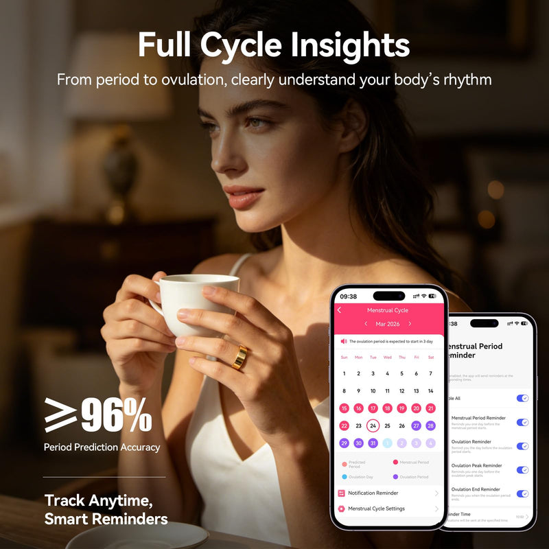 Smart Ring Fitness Tracker for Women and Men, Heart Rate Monitor, Sleep and Stress Monitoring, Menstrual Cycle Tracking, Step Counter, IP68 Waterproof, No Subscription, Compatible with iOS and Android Gold 7
