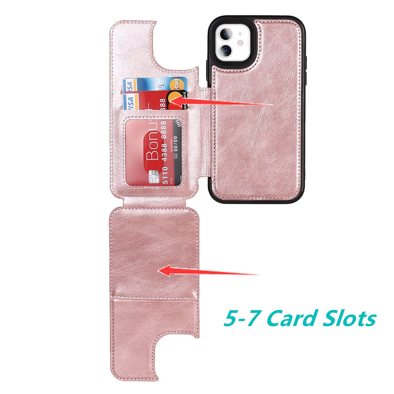 Jaorty for iPhone 11 Wallet Case with RFID Blocking Card Holder,7 Card Slots Heavy Duty Protective Bumper Armort PU Leather Magnetic Buttons Kickstand Case for iPhone 11 6.1 Inch,Macaron Rosegold 7 Card Slots-RoseGold