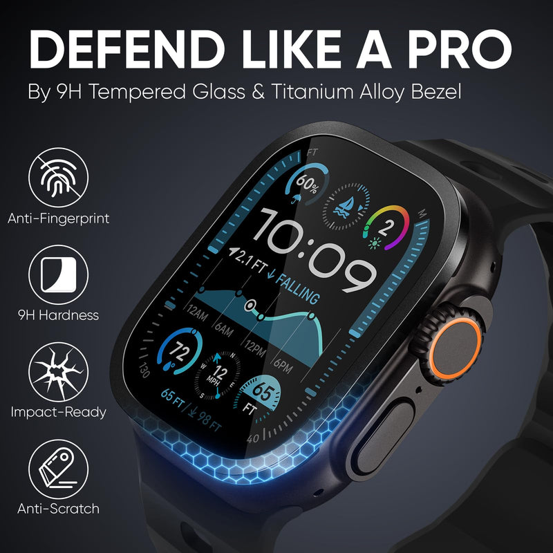 Leather Band for Apple Watch Ultra 2/Apple Watch Ultra Bands 49mm 45mm 44mm and 2 Pack Waterproof Titanium Matel Frame Keep Original Touch Sensitive 9H Tempered Glass Protective Film for iWatch 49mm