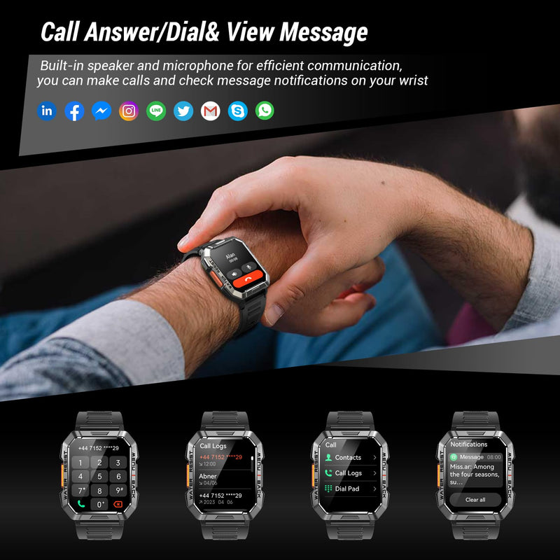 Military Smart Watch for Men (Answer/Make Calls), 2.01'' Smart Watch for Android and iPhone, Fitness Tracker with Flashlight/Compass/100 Days Battery/Heart Rate/Sleep/100+ Sport Modes(2 Straps) W60 Black