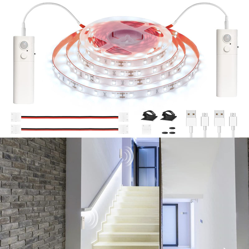 [AUSTRALIA] - WOBANE Dual Motion Sensor Stair Lights Strip, Rechargeable 16.4ft LED Strip Lighting,150 LEDs Cuttable Tape Light for Hallway,Under Cabinet,Cupboard,Shelves,Gun Safe,Flexible,6000K White 16.4ft White 