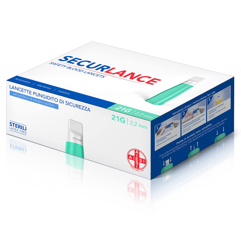 AIESI® Sterile Disposable Lancets with Safety System and Retractable Stainless Steel Tip Needle 21G Securance (Pack of 100)