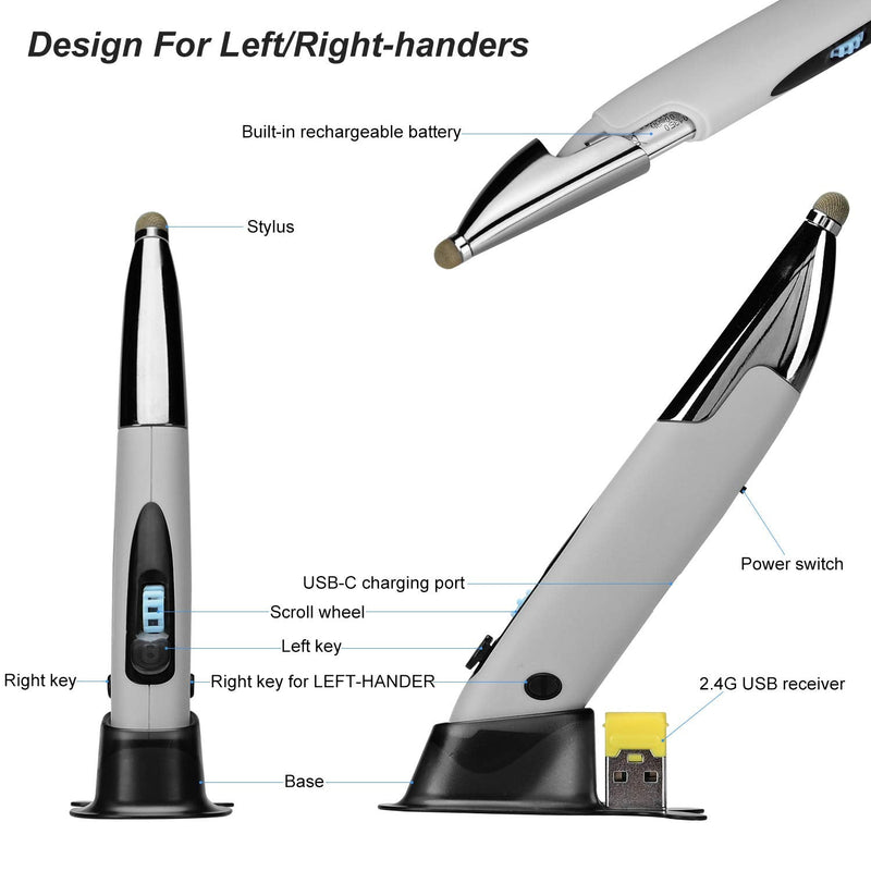Rechargeable Pocket Pen Mouse, Lychee Left/Right-Handed Wireless Optical Ergonomic Mouse with Stylus Function RGB Backlit Type-C & Micro USB Adapter for PC Laptop Notebook Mac (Grey) Grey