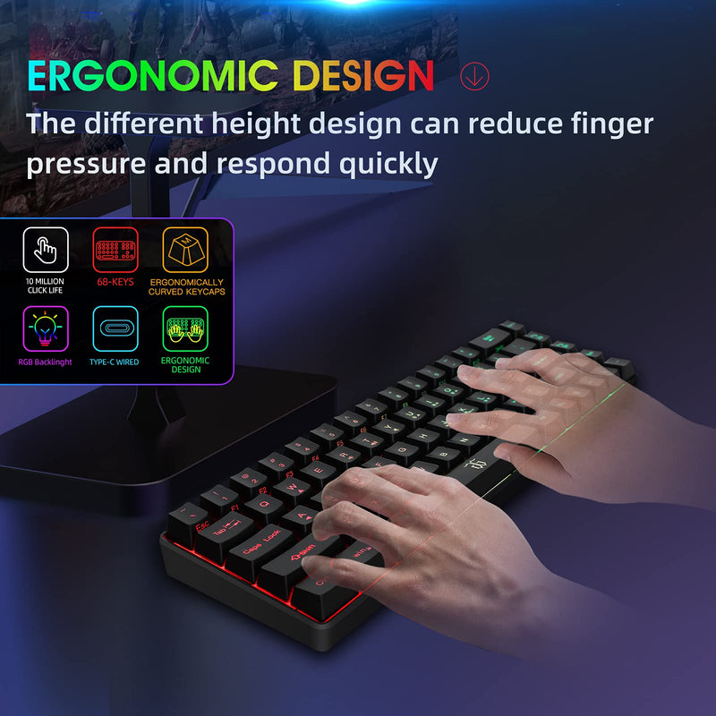 Snpurdiri Wired 65% Gaming Keyboard, 68 Keys Mini Keyboard RGB Backlit,More Pratical Arrow Keys and Edit Keys Than 60 Keyboard, for PC/Mac Gamer, Typist, Travel(Black) Black(detachable cable)