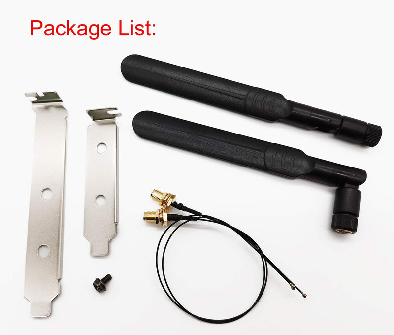 WiFi Antenna Dual-Band 8dBi RP-SMA Male MHF4 Cable Kit for M.2 NGFF Card | 2.4Ghz 5.8Ghz M2 WiFi antenna kit. Includes antennas, MHF4 extension cables, and computer back slot cover brackets