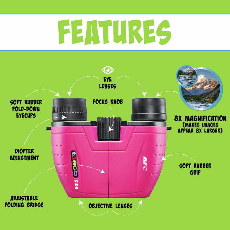 Tasco Kids Binoculars 8x21, Compact Binoculars for Kids Ages 3-12, Great for Adventures, Hiking, Camping, Travel, Bird Watching Not-Foldable Pink