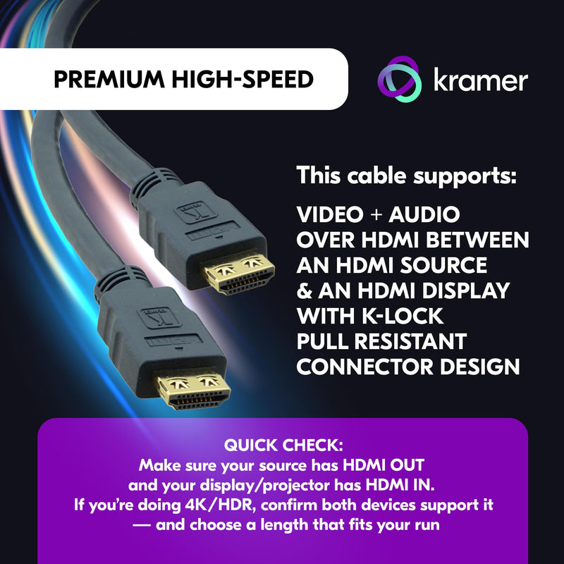 Kramer Premium High-Speed HDMI Cable – HDMI to HDMI, 4K@60Hz (35, 35, Feet) 35 Feet