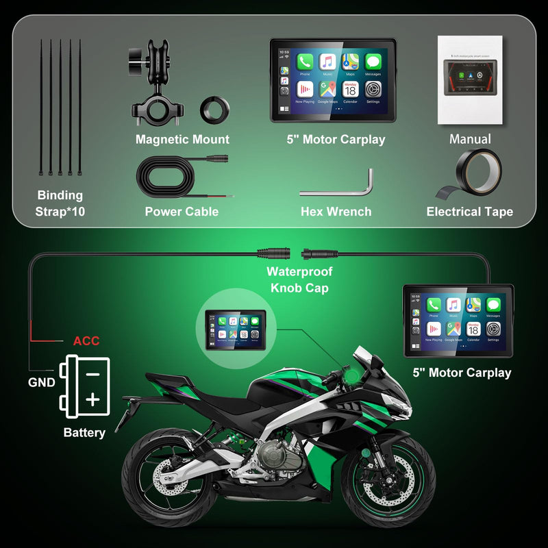 2026 YZW GPS Carplay 5 inch for Motorcycle with Wireless CarPlay & Android Auto, IP69K Waterproof Touch Screen, GPS Navigation, Supports Bluetooth, Siri/Google Voice Control, Custom Boot Logo, Bracket 5 Inch Screen+Mounting Bracket