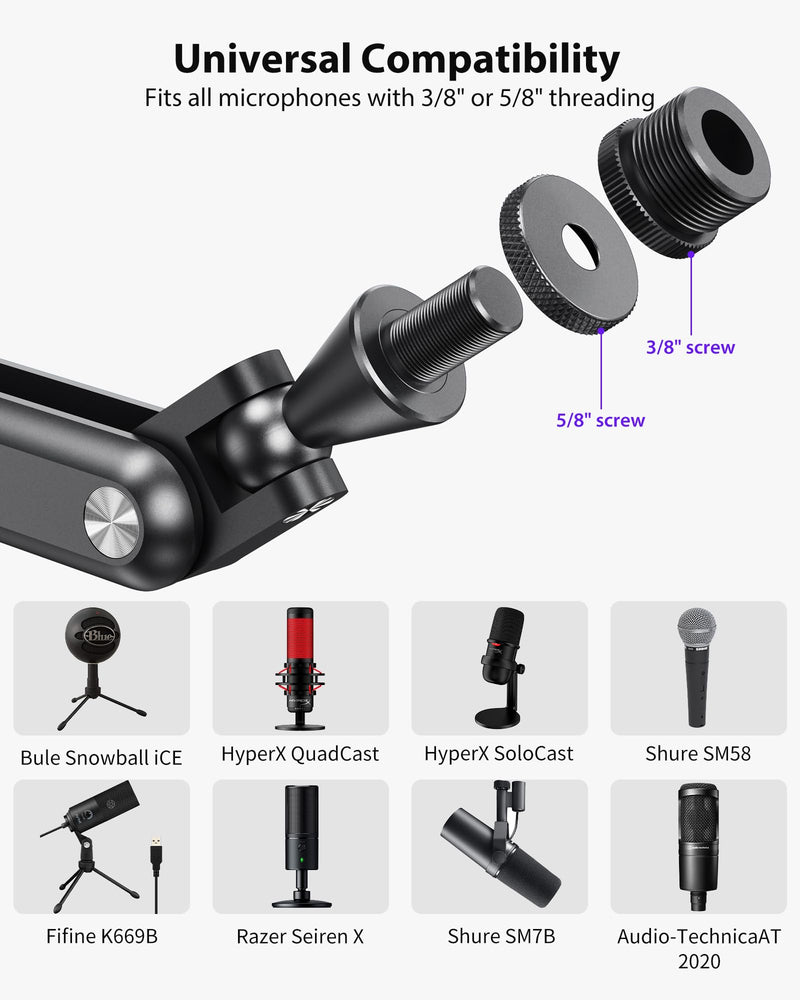 KU XIU Aluminum Alloy Boom Arm Microphone Stand for Desk, Three-Section Adjustable Mic Arm Mount with Cable Management Channels for Desktop Podcasting, Recording, Streaming, Gaming, Home Office-Gray