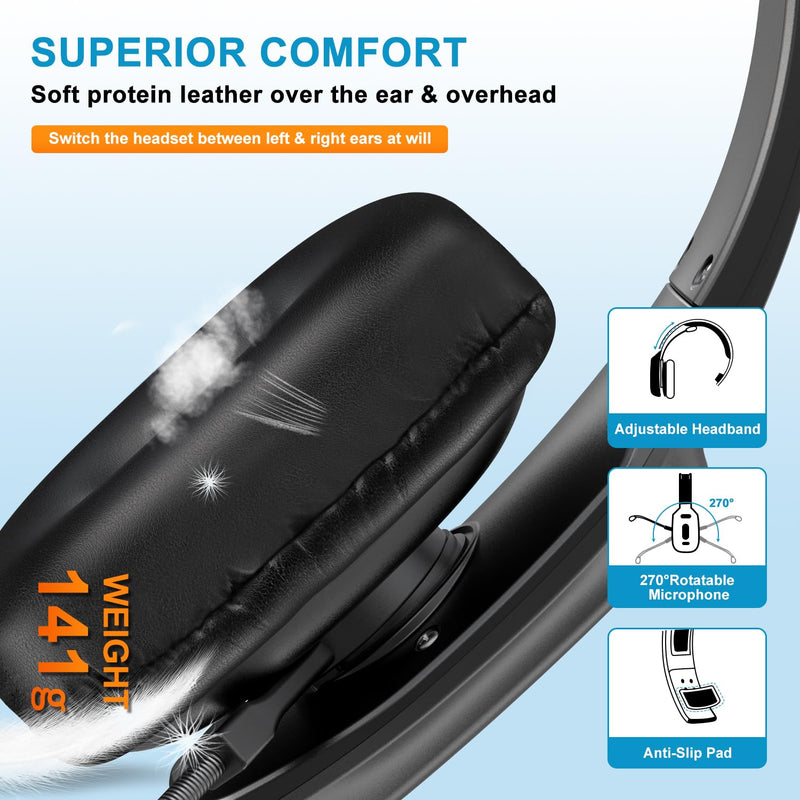 LEAYU Bluetooth Headset, 60hrs Noise Canceling V5.2 Over Head Headphones, Single Ear Trucker Wireless Headset with Mic, Mute Button, Multipoint, for Phones PC Computer Truck Driver Office Work - Black Carbon