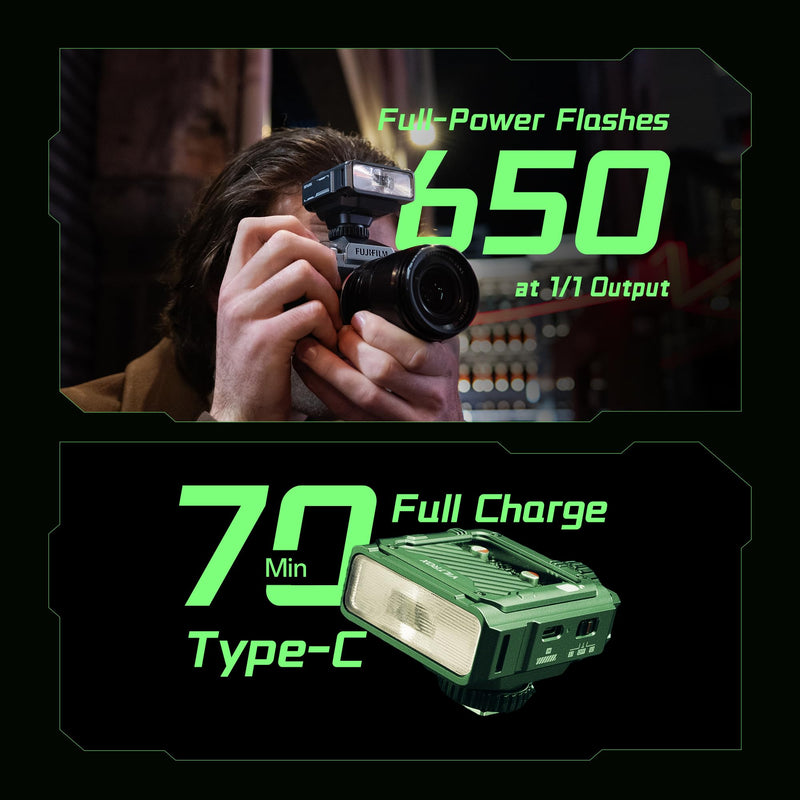 VILTROX Spark Z3 TTL Camera Flash Speedlite for Fujifilm, GN16 6500K Mini On-Camera Flash with 26Ws Output, 7 Power Levels, 650 Full-Power Flashes, 1s Recycle, 1800mAh Li-ion Battery, Softbox (Green) Z3-F(Green)