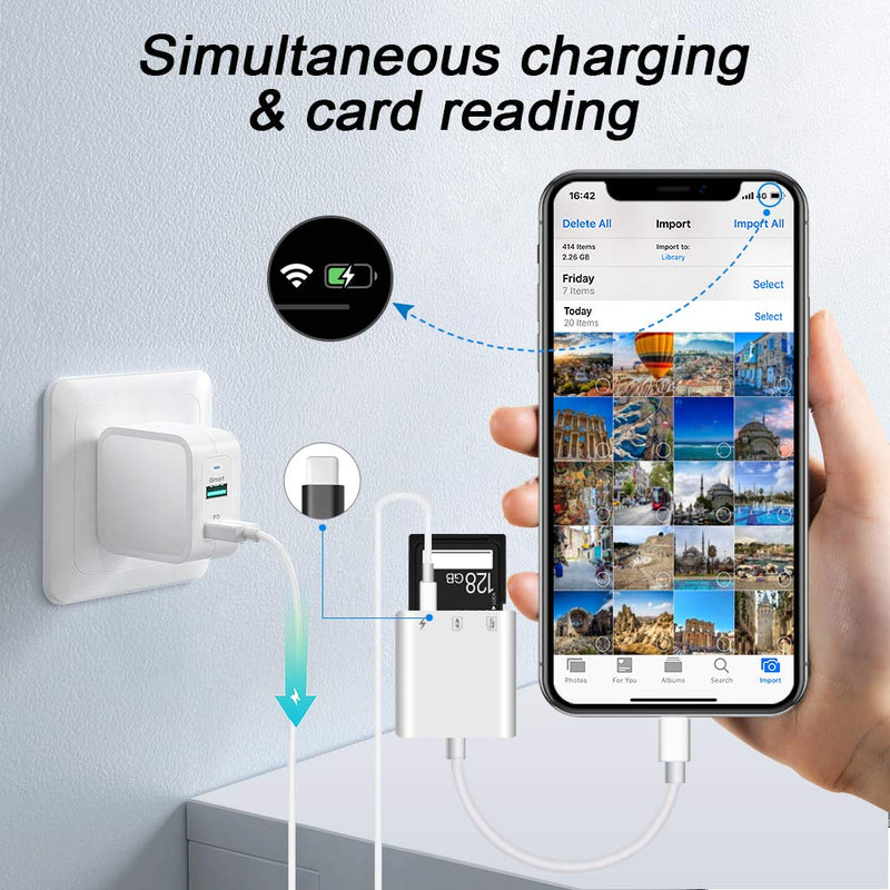 SD Card Reader for iPhone iPad,Micro SD Card Reader Memory Card Reader Plug and Play Trail Camera Viewer SD Card Adapter,Simultaneous Charging and Card Reading Micro SD Card Adapter white