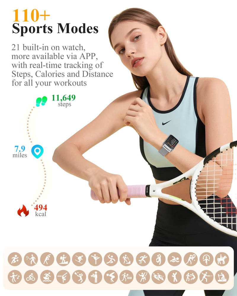 Fitness Activity Tracker for Women Men with Step Counter, Calorie/Distance/Sleep Monitor, IP68 Waterproof for Android iPhone, Silicone Smart Watch Smartwatch with 110+ Sport Modes (Silver) Silver