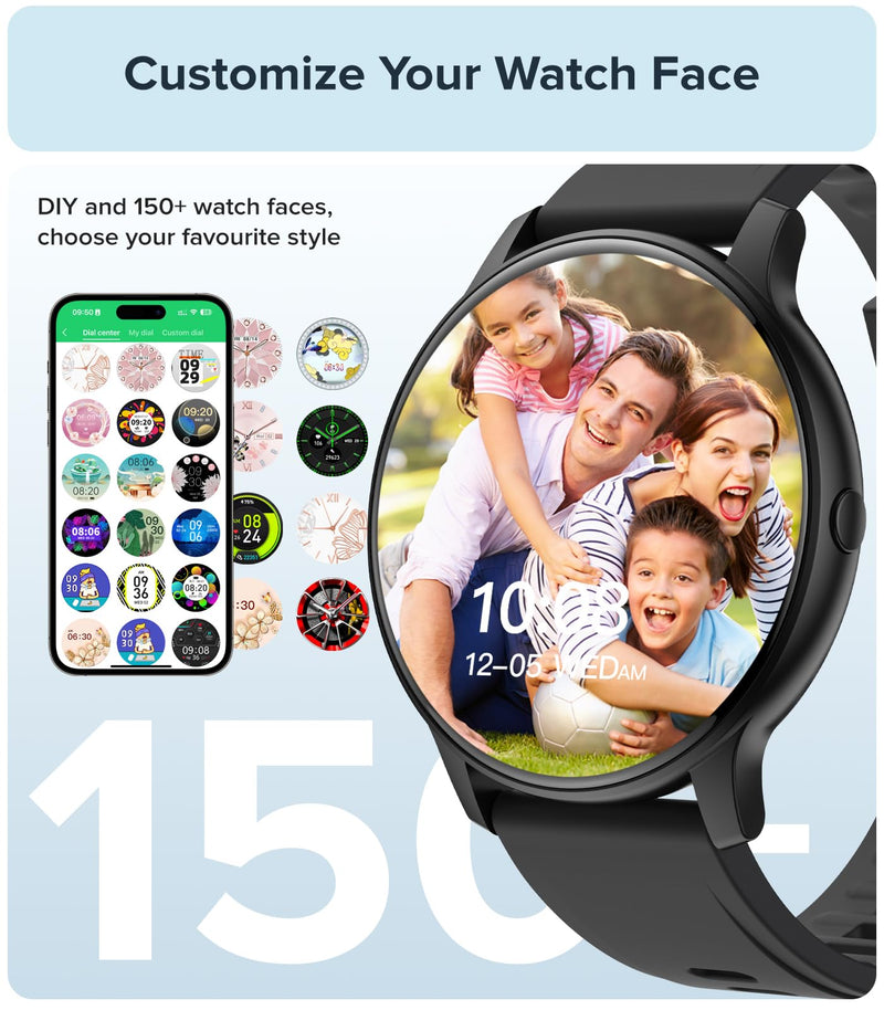 Smart Watches for Men Women, 1.3" Smart Watch(150+ DIY Dials), Fitness Tracker Smartwatch with Heart Rate/Blood Pressure/Sleep Monitor, Calories, Step Counter, IP68 Fitness Watch for Android iPhone Black