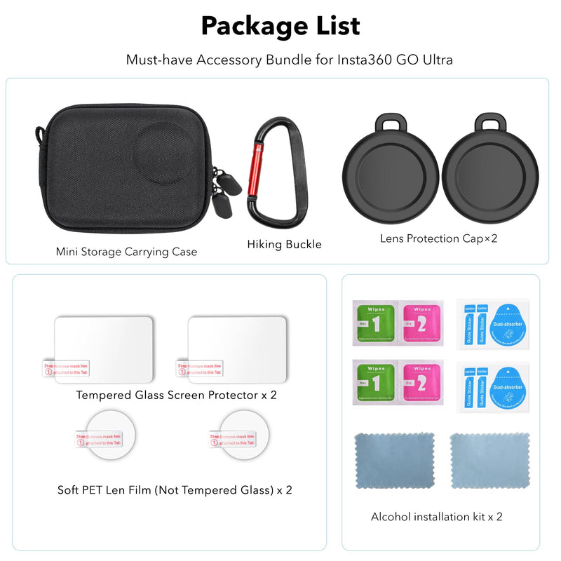 for Insta360 Go Ultra Accessories, Portable Mini Carrying Case Bag, Lens Screen Protectors (4 Pack) and Rubber Lens Cap Cover for Insta 360 Go Ultra Accessories