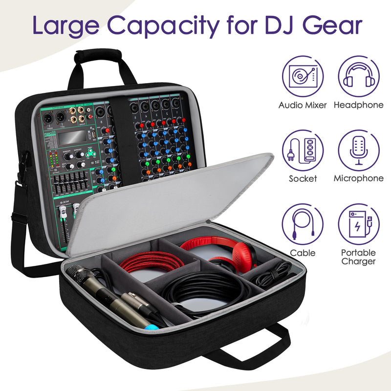 SNIGJAT Audio Mixer Case (Size:15.5"x 13" x 6"), Protective DJ Mixer Bag with 10mm Padding, Large-Capacity Recording Equipment Bag Soft with Adjustable Storage for Cables, Podcast Gear and Mics, Black