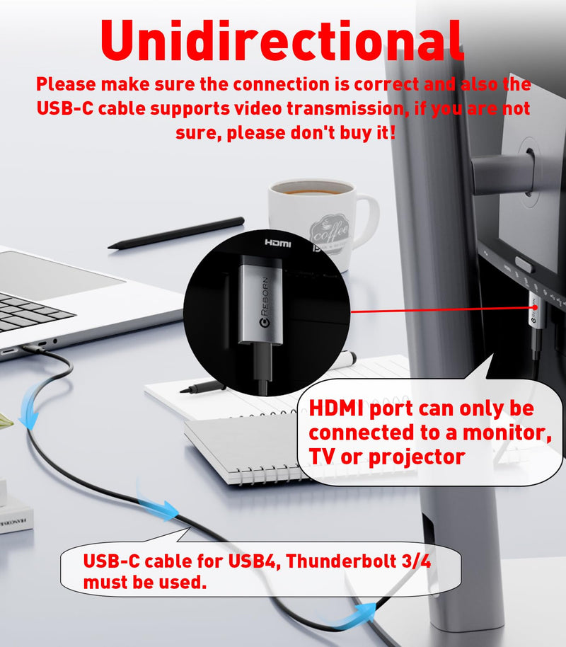 [AUSTRALIA] - Reborn USB C Female to HDMI Male Adapter | 4K Uni-Directional USB Type C Source to HDMI 2.0 Display Converter Thunderbolt 3/4 to HDMI for MacBook Pro/Air, Galaxy S8 to S23, Surface - 1 Pack 