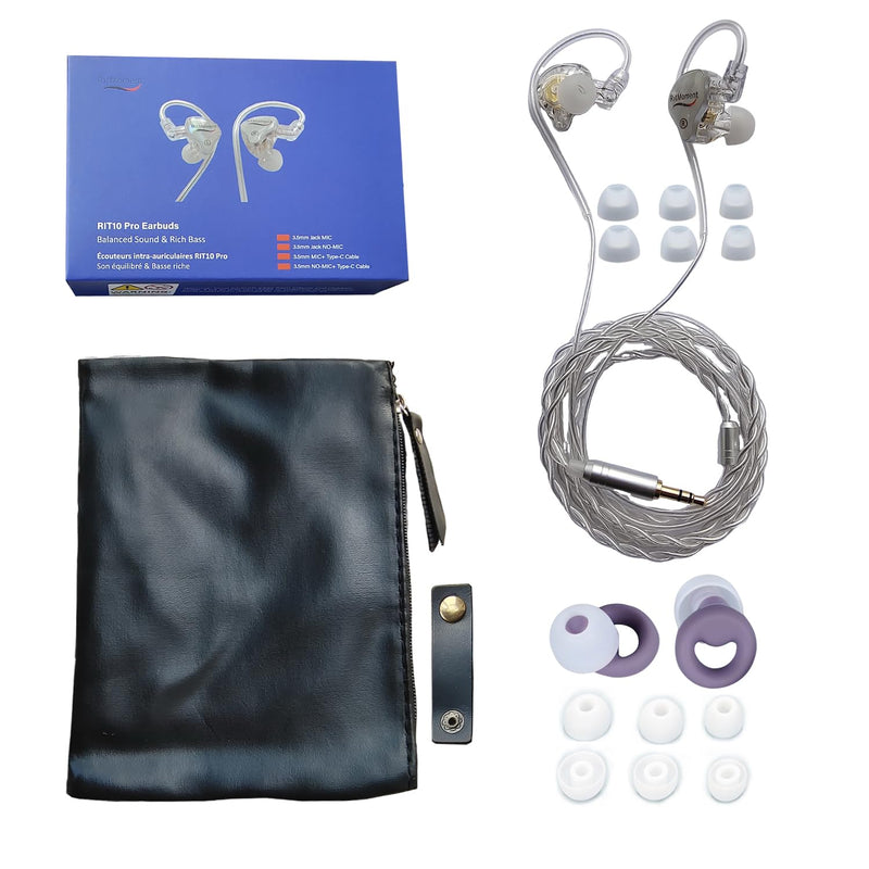 RitMoment RIT10 Pro Wired Earbuds - Balanced Sound & Rich Bass, Dual Magnetic Dynamic Driver, Ultra Comfort, in Ear Monitor IEM Earphones (3.5 No Mic + Type-C Cable, Clear) NO-MIC+Type-C Cable