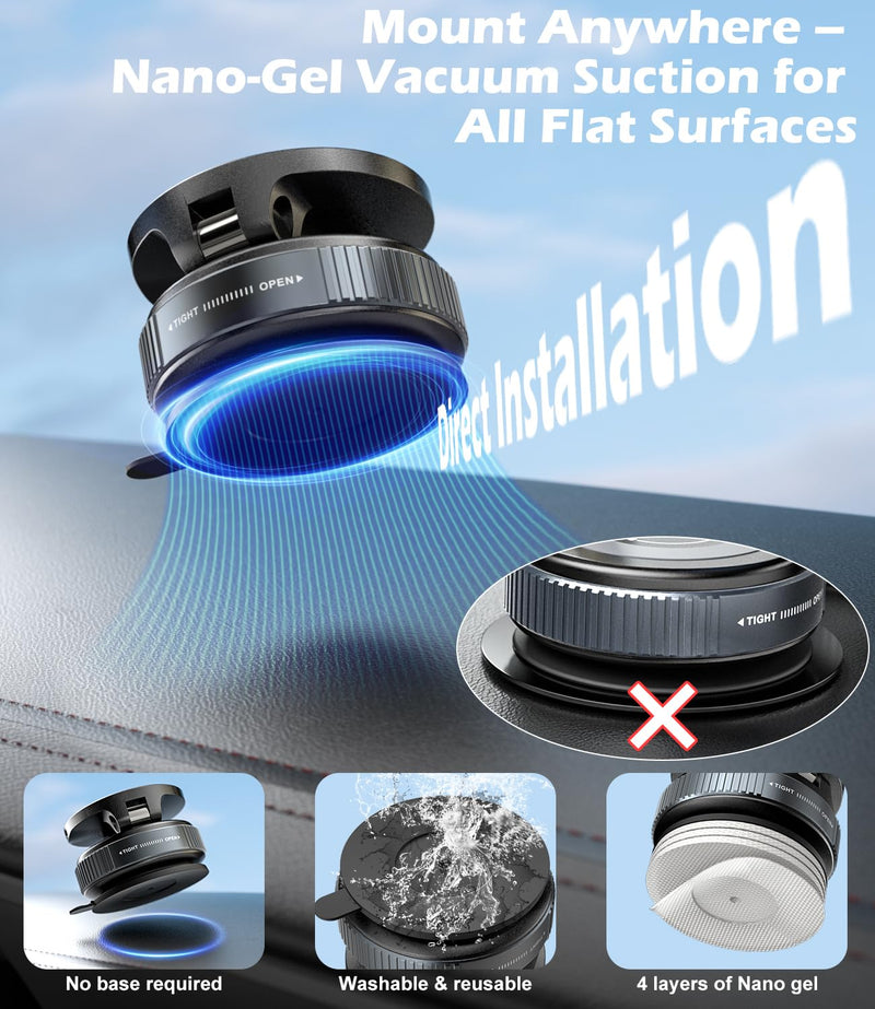 CloudValley 15W Wireless Fast Charging Car Phone Mount, Nano Gel Vacuum Suction Magnetic Phone Holder, 360° Adjustable Car Mount for iPhone 17/16/15/14/13, Strong Grip on Rough Surfaces