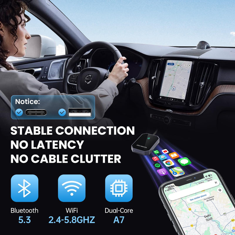 GRAYWATER Wireless CarPlay Adapter,Convert OEM Wired to Wireless Car Play Dongle Fit for Cars 2015+ & for Apple iPhone iOS 10+,Innovative Seamless Control Plug & Play（Space Silver） Space Silver
