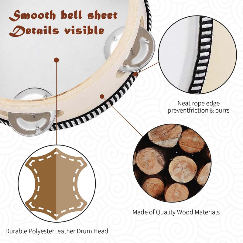 [AUSTRALIA] - 3PCS Handheld Tambourine, 3 Packs tamborines 6”8”10”Tambourine For Adults Wooden Tambourines Drum Percussion, Tambourine Gift Musical Educational Metal Jingles Church KTV Party Music Therapy White 
