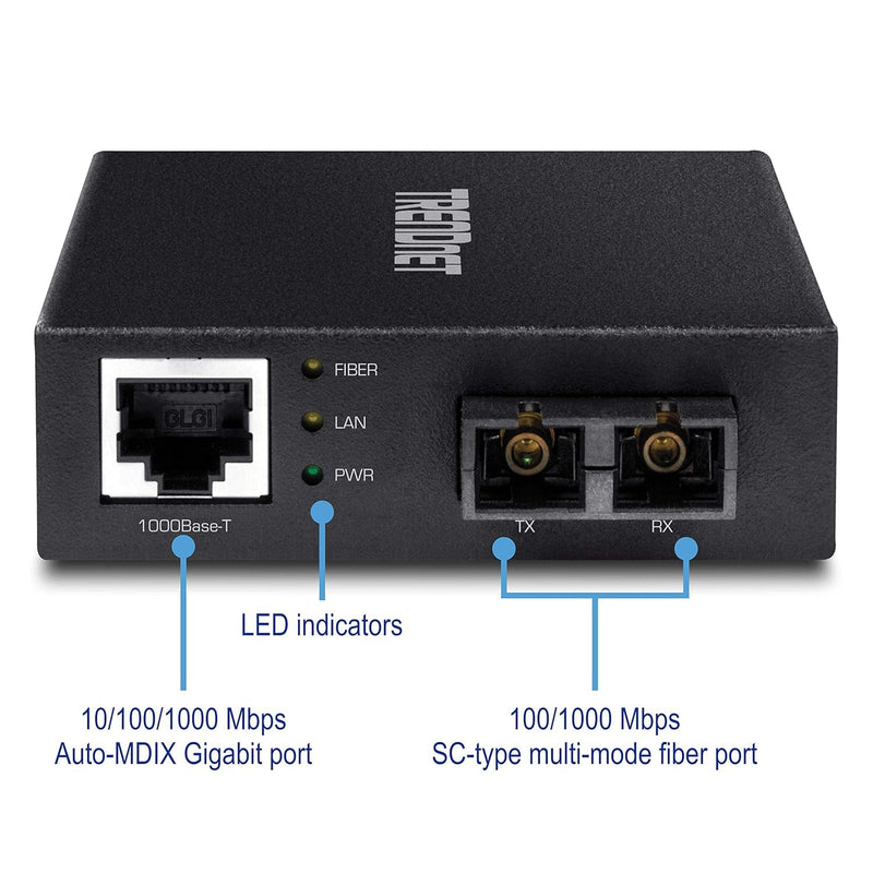 TRENDnet 1000Base-T to 1000Base-SX Multi-Mode SC Fiber Converter,TFC-GMSC | up to 550M (1800 ft.), 2 Gbps Switching Capacity,NDAA &TAA compliant, Black 550 m Gigabit