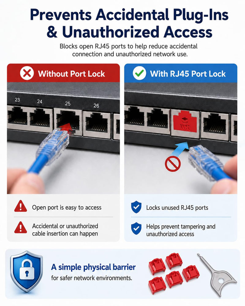 100-Pack RJ45 Port Lock with 5 Keys, Security Network Port Lock & Dust Cover,Female RJ45 Connector Blocker Cap Protector for Computers,Servers, Routers & More (Red) 100+5 Red