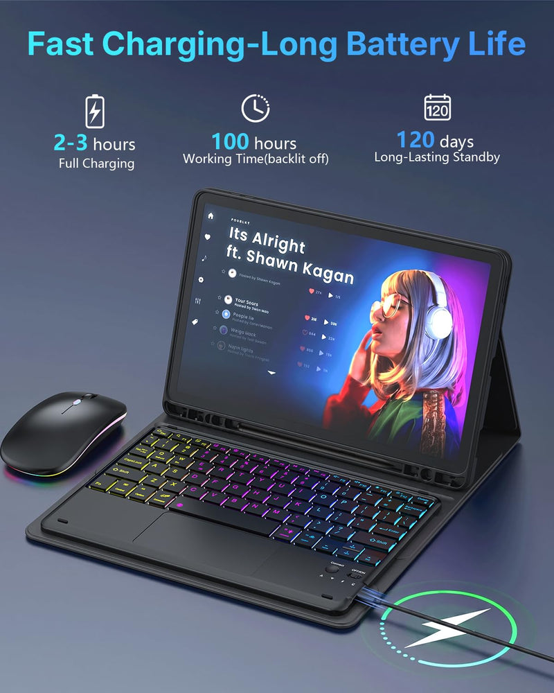 Keyboard Case for Samsung Galaxy Tab S10 Lite / S10 FE / S9 FE / S9 / S8 | 10.9-11 Inch Rainbow Backlit Keyboard Mouse, Multi-Touch Trackpad, S Pen Holder, Auto Sleep/Wake - Black 10.9-11 inch-Tab S10 Lite/ S10 FE/ S9 FE/ S9/ S8