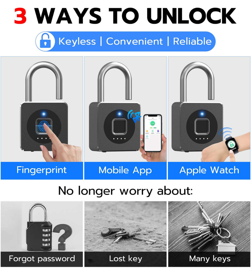 eLinkSmart Fingerprint Gym Locker Lock, Keyless Biometric Padlock, Weatherproof Electronic Digital Smart Combo Pad Lock for Outdoor Fence Gate Storage Fridge Helmet Ski Pool Shed (Black, with Cable) Black, with Cable