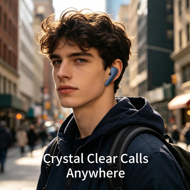 Defunc True Basic Wireless Earbuds, Bluetooth 6.0, Patented MultiTip Semi-in-Ear Design with Silicone Ear Wings, AI App Support, Quad Microphones, Waterproof, 22H Playtime, Secure Fit Earbuds Blue