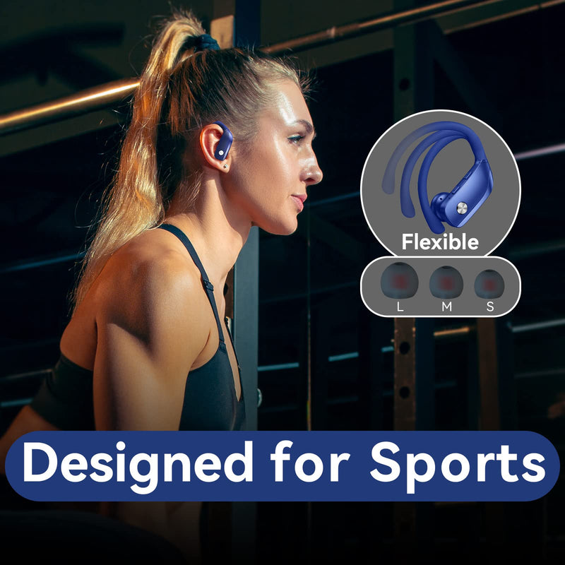 bmani Ear Buds Wireless Earbuds Bluetooth Headphones with 80H Playtime LED Display Case, Over-Ear Hook with Mic, Stereo Sound, Easy Button Controls, Sports Earphones for Running Workout Gym Blue AI Buds Pro