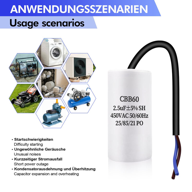 JUNUNDJING CBB60 450V 2.5uF 50/60HZ Starting Capacitor with 15 cm Extension Wire, Motor Operating Capacitor, AC Motor Capacitor, for Household Appliances such as Electric Motors and Air Conditioners
