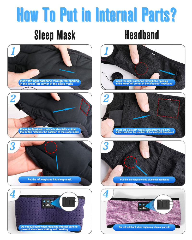 MUSICOZY Sleep Headphones Bluetooth Headband Sleeping Eye Mask & Bluetooth Module Kit with Speakers and Charging Cable