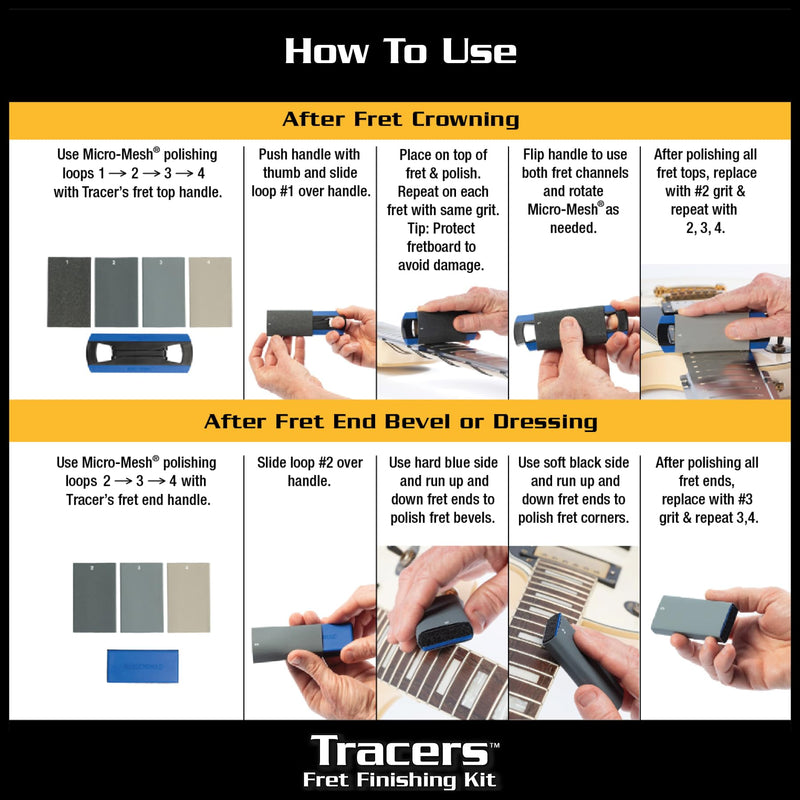 MusicNomad Tracers Fret Erasers 6 pc. Finishing Kit for Sanding, Buffing and Polishing after Fret Crowning, Dressing or Beveling (MN860)