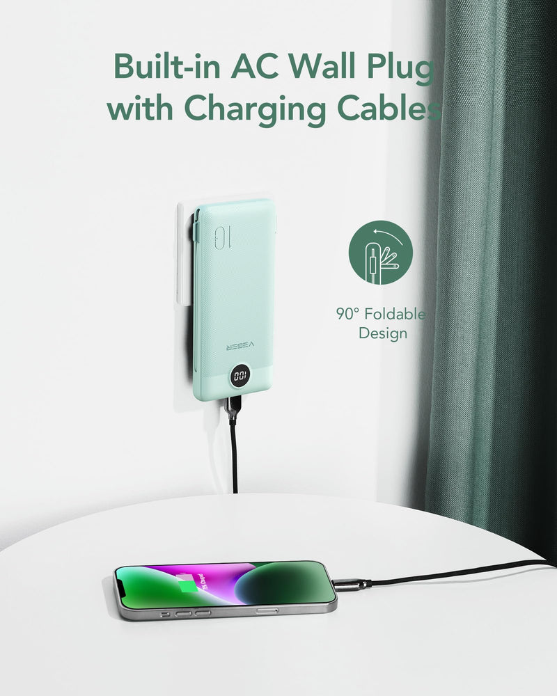 VEGER Portable Charger for iPhone with Built in Cables and Wall Plug, 10000mah Slim Fast Charging USB C Power Bank, Travel Essential Battery Pack Compatible with iPhone, iPad, Samsung etc(Green) Green