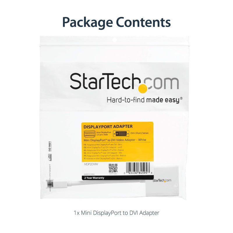 StarTech.com Mini DisplayPort to DVI Adapter - Mini DP to DVI-D Converter - 1080p Video - mDP or Thunderbolt 1/2 Mac/PC to DVI Monitor - mDP 1.2 to DVI Single-Link Adapter Dongle - White (MDP2DVIW)