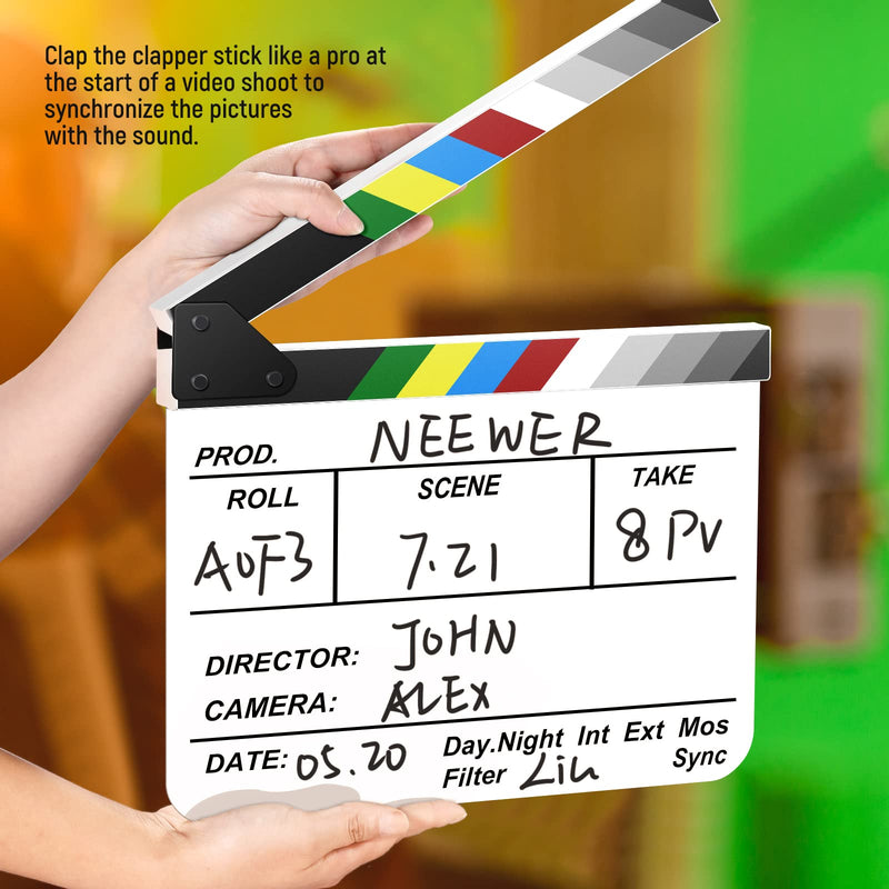 NEEWER Acrylic Film Movie Directors Clapper Board Kit, 12"x10" Plastic Movie Theater Cut Action Scene Clapboard with a Magnetic Eraser, 2 Water Based Pens, a Cleaning Cloth & L Shaped Hex Key (White) White