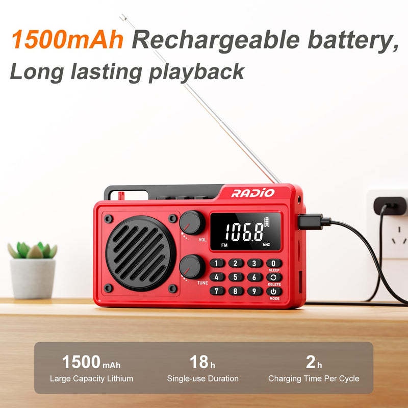 [AUSTRALIA] - Portable Radio AM FM 1500mAh Rechargeable with Best Reception, Transistor shortwave Radio Wireless Bluetooth Speaker, with Large LCD Screen, Support TF Card U Disk, Earphone, Sleep Timer (Red) Red 
