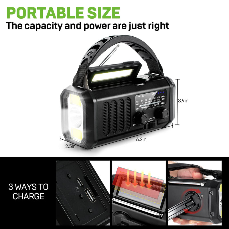 10000mAh Solar Radio, Crank Radio, Emergency Radio, NOAA/AM/FM Weather Radio, USB Type-C Charging,Dynamo Radio,Polymer Battery,Torch & LED Reading Light, SOS Alarm,Compass for Camping black