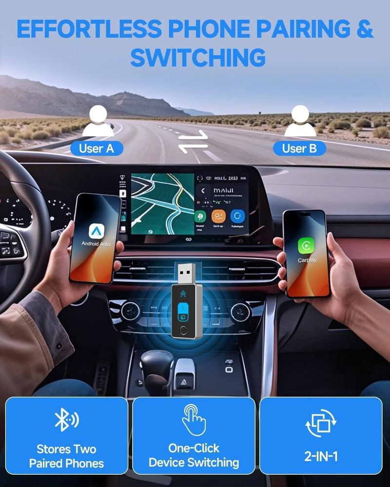2026 Wireless CarPlay Adapter for iPhone & Android Auto 2-in-1 Dongle | One-Touch Switch for Carplay & Android Auto Convert, Plug & Play, Easy setup, Fast & Stable Auto Connect