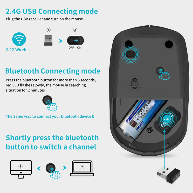 RAPOO Bluetooth 2.4G Wireless Mouse, 2 Bluetooth Channels with 1 USB Receiver Noiseless Mouse, Connect up to 3 Devices, Portable Computer Mice for PC, Tablet, Laptop-Black BLACK