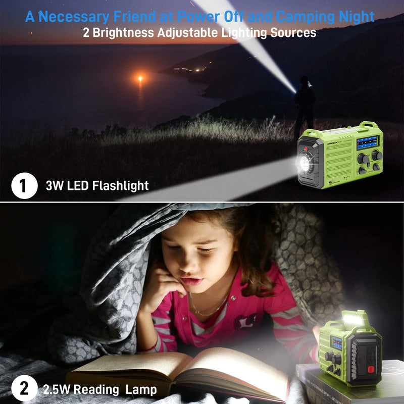 [AUSTRALIA] - NOAA Weather Radio, Emergency Hand Crank Radio with Solar Charger, Portable Battery Operated AM FM Shortwave Radio with LED Flashlight, USB Charger, Earbud Jack, SOS Alert for Home Survival Hurricane Green 