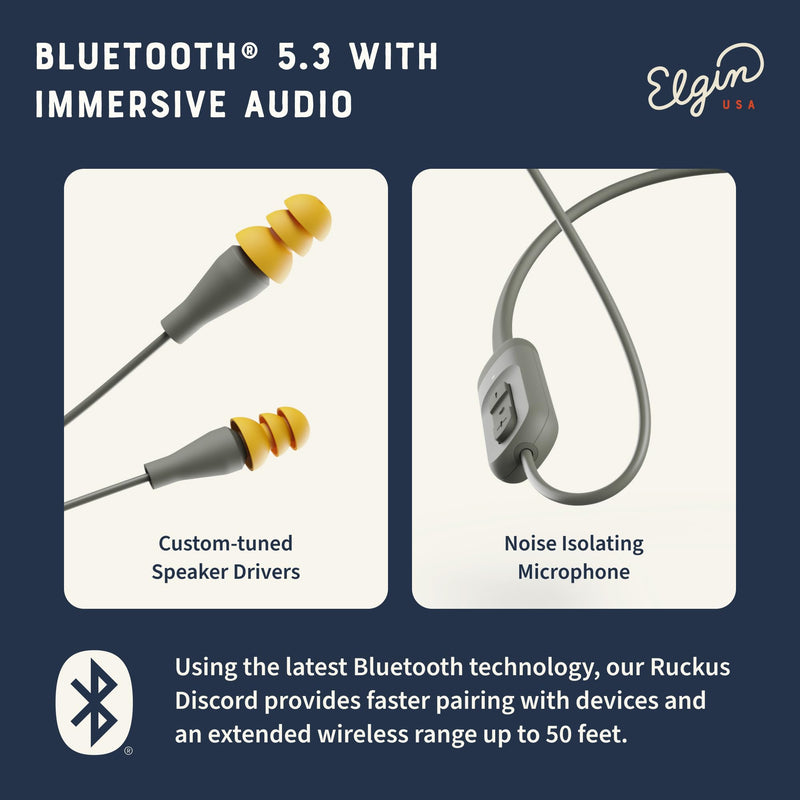 Elgin Discord Gen 2 Bluetooth Earplug Earbuds, Wireless Headphones | OSHA Compliant Noise-Isolating Safety, All-Weather Earphones for Industrial Work, and High-Noise Environments